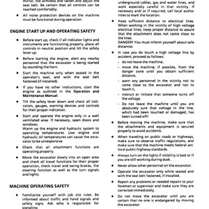 May include: Safety instructions for operating an excavator are displayed. The text covers engine start-up, operating procedures, and machine safety. It includes warnings about electrical lines, weather conditions, and traffic regulations.