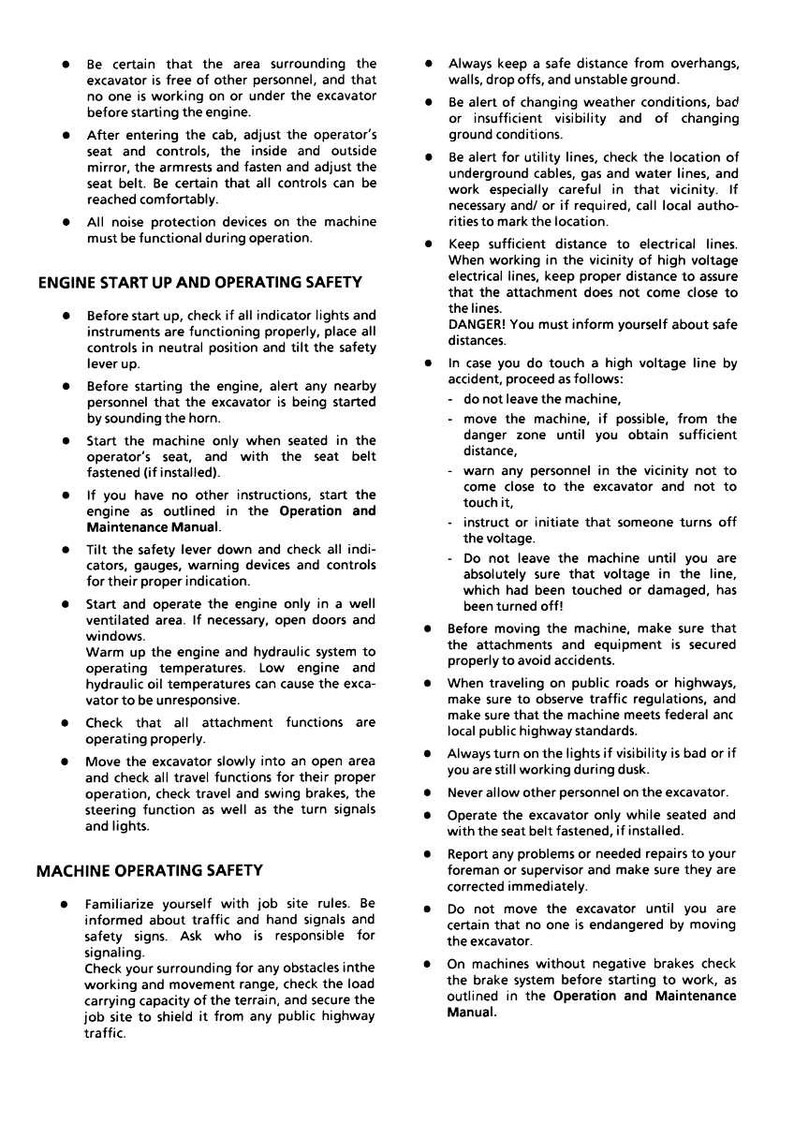 May include: Safety instructions for operating an excavator are displayed. The text covers engine start-up, operating procedures, and machine safety. It includes warnings about electrical lines, weather conditions, and traffic regulations.