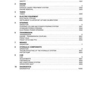 May include: A table of contents from a manual for Argo Tractors, listing sections such as Engine, Steering, Brakes, and Diagnostics. The document is dated July 2021.