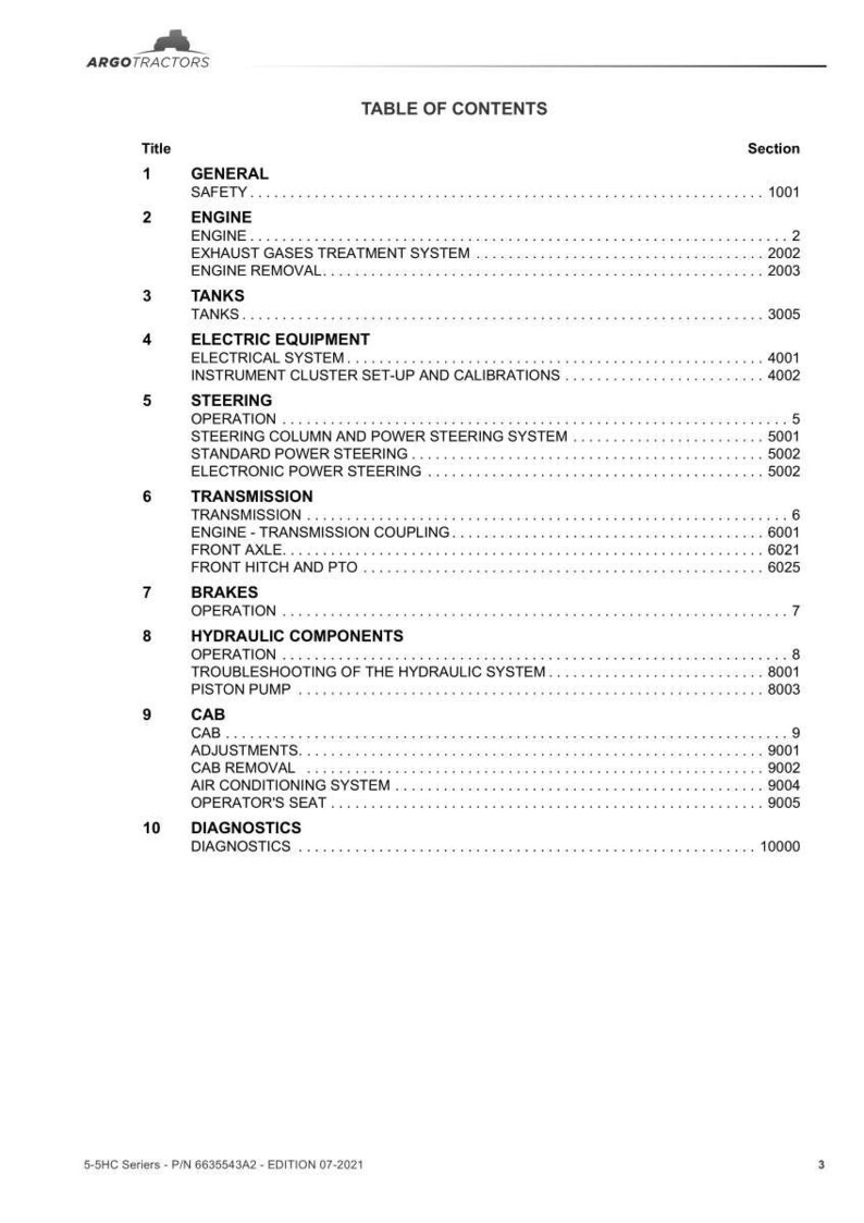 May include: A table of contents from a manual for Argo Tractors, listing sections such as Engine, Steering, Brakes, and Diagnostics. The document is dated July 2021.