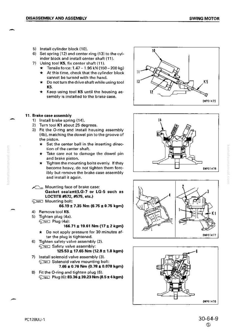 May include: Diagram of a swing motor disassembly and assembly process, with detailed instructions and illustrations. Includes torque specifications in Newton-meters and kilograms, and diagrams of various components.