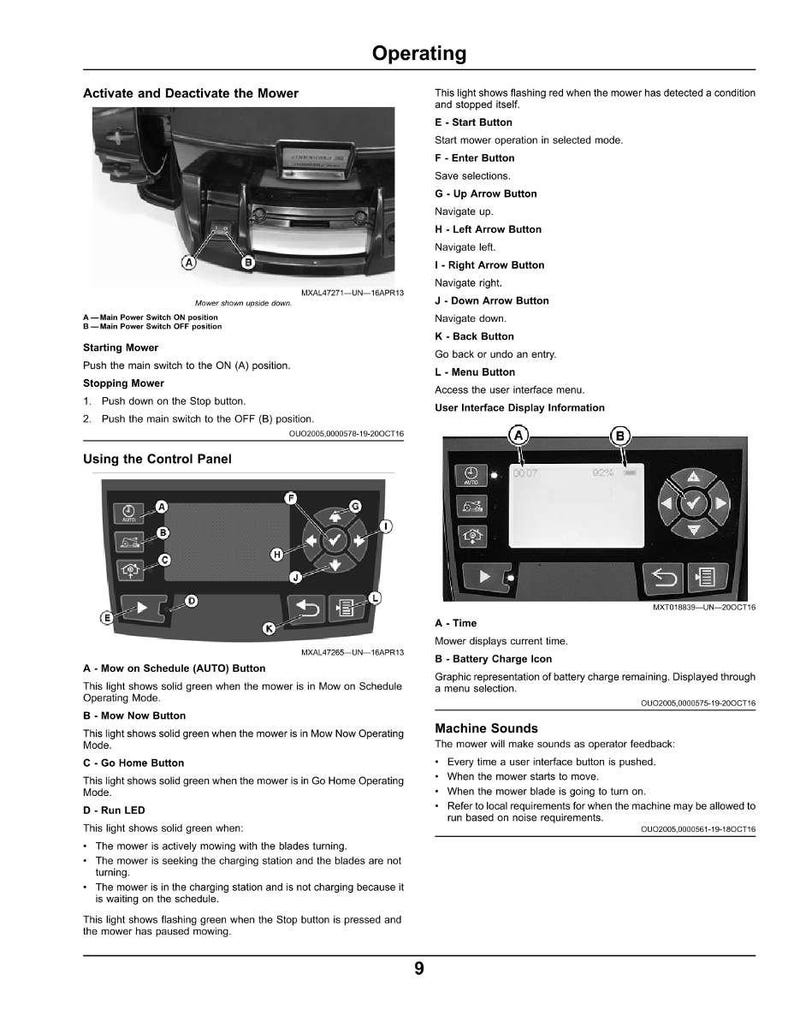 May include: Image of a robotic lawn mower's control panel, featuring buttons and a screen. Text details functions such as starting, stopping, and navigating settings. The image also includes operating instructions for the mower, with measurements in cm.