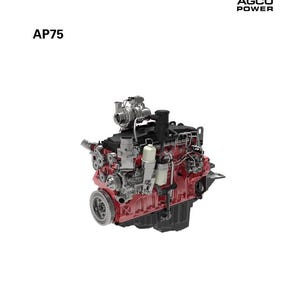 May include: A detailed image of an engine, featuring a complex arrangement of mechanical components in red, black, and silver. The text "AP75" is prominently displayed, with the AGCO Power logo in the upper right corner. The image is from a workshop service manual.