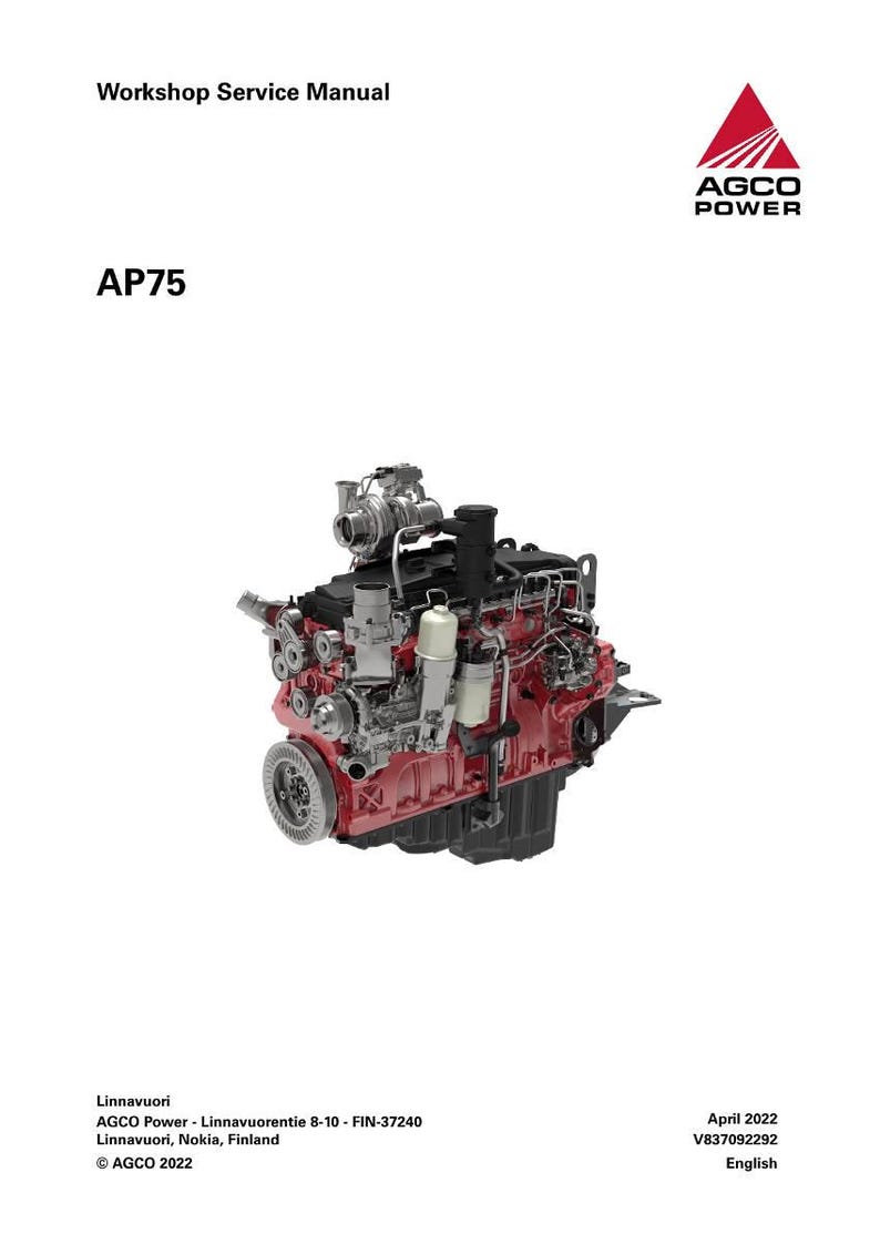 May include: A detailed image of an engine, featuring a complex arrangement of mechanical components in red, black, and silver. The text "AP75" is prominently displayed, with the AGCO Power logo in the upper right corner. The image is from a workshop service manual.