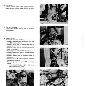 May include: A black and white technical diagram from a manual, detailing engine disassembly and assembly. The diagram includes close-up photos of fuel hoses, fuel control linkage, and electric wiring connections, with numbered labels for each component.