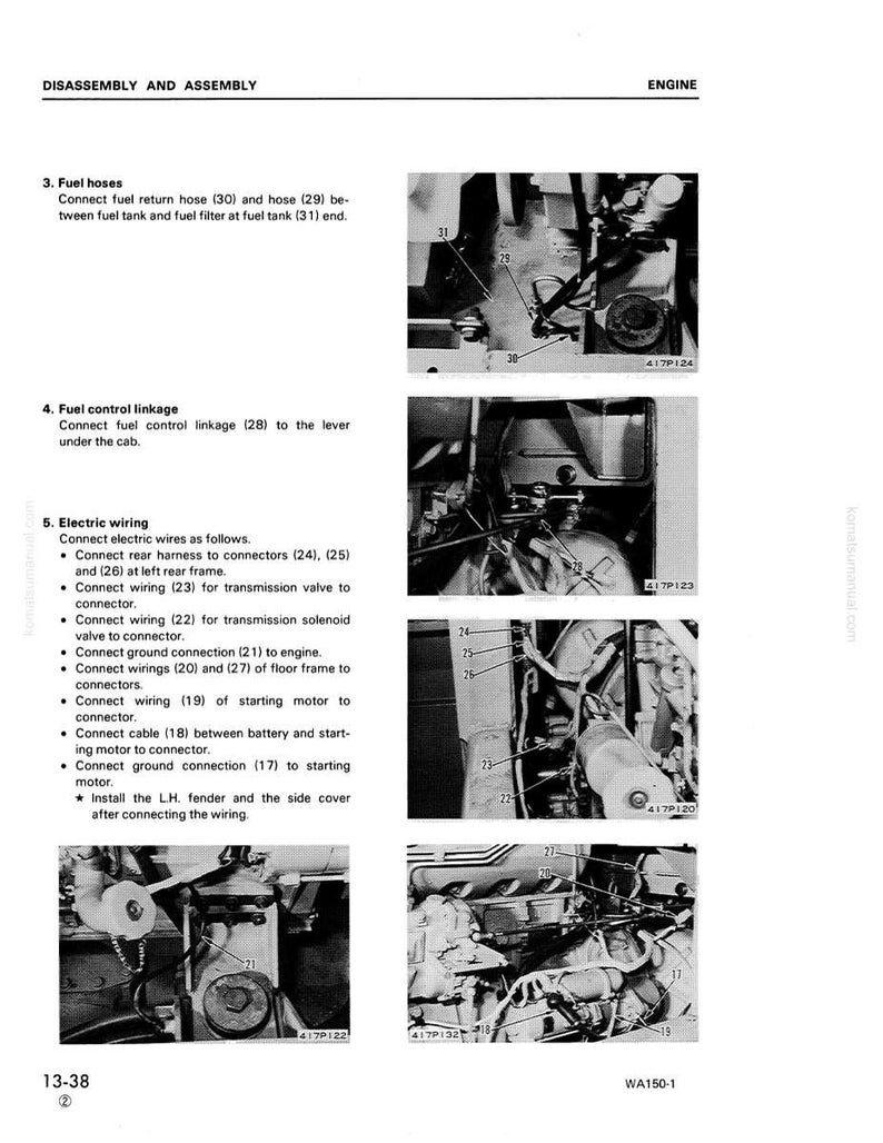 May include: A black and white technical diagram from a manual, detailing engine disassembly and assembly. The diagram includes close-up photos of fuel hoses, fuel control linkage, and electric wiring connections, with numbered labels for each component.