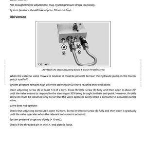 May include: Diagram of a hydraulic system component with labeled screws and tubing. The image includes text instructions for adjusting the system, with measurements in seconds. The component is labeled LX011882.