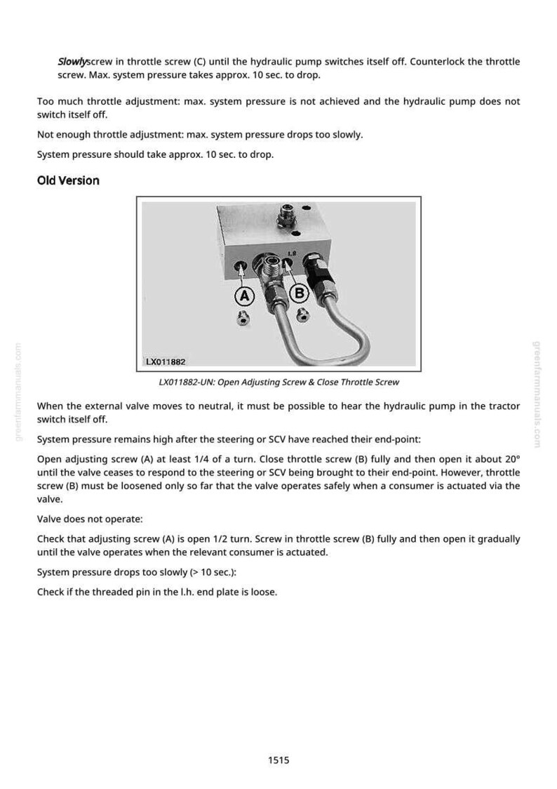 May include: Diagram of a hydraulic system component with labeled screws and tubing. The image includes text instructions for adjusting the system, with measurements in seconds. The component is labeled LX011882.