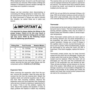 Pu&ograve; includere: Una pagina di manuale che illustra la sostituzione dei componenti per un sistema di climatizzazione. Include istruzioni per tubi flessibili, raccordi, tubazioni, filtro-essiccatore, termostato e valvola di espansione, con specifiche di coppia.