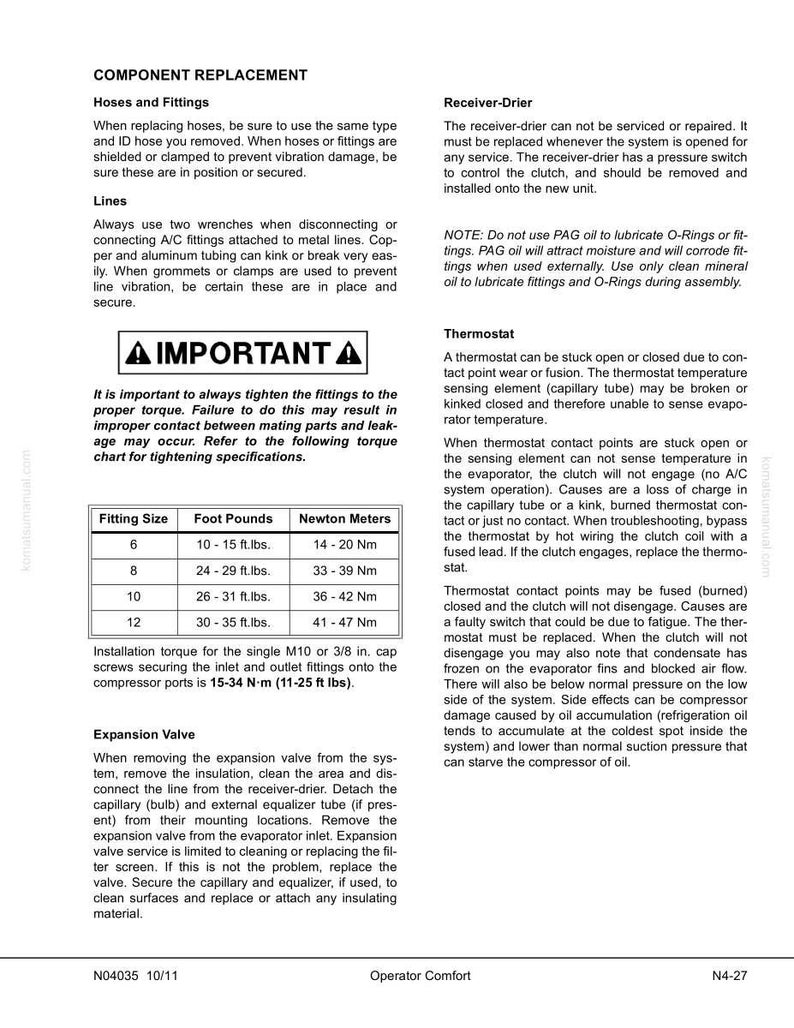 Pu&ograve; includere: Una pagina di manuale che illustra la sostituzione dei componenti per un sistema di climatizzazione. Include istruzioni per tubi flessibili, raccordi, tubazioni, filtro-essiccatore, termostato e valvola di espansione, con specifiche di coppia.