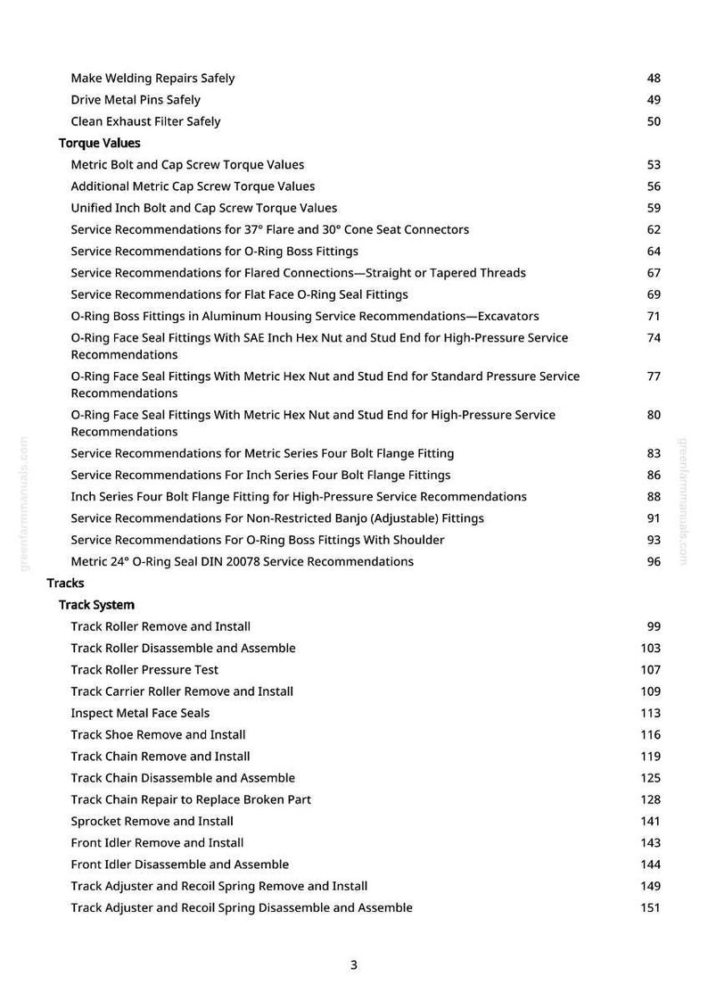Op de afbeelding: Een witte pagina met een inhoudsopgave uit een handleiding. De tekst bevat titels als "Torque Values" en "Track System", met paginanummers rechts. De handleiding is van greenfarmmanuals.com.