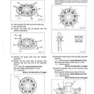 May include: Diagram of torque converter assembly with detailed instructions. Includes illustrations of spring assemblies, bolts, washers, and other components. Text provides step-by-step guidance for disassembly and assembly, with torque specifications in Newton meters and kilogram-force meters.