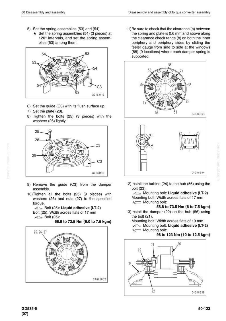May include: Diagram of torque converter assembly with detailed instructions. Includes illustrations of spring assemblies, bolts, washers, and other components. Text provides step-by-step guidance for disassembly and assembly, with torque specifications in Newton meters and kilogram-force meters.