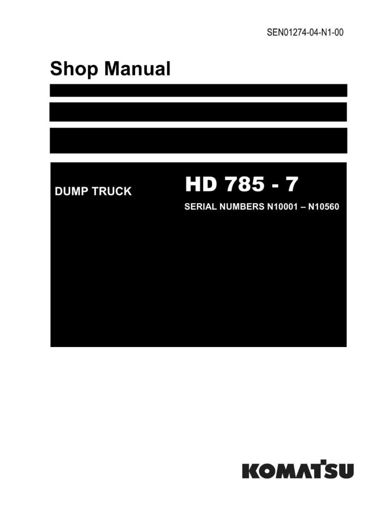 May include: A white shop manual with black text. The manual includes the text "Shop Manual", "DUMP TRUCK", "HD 785 - 7", and "SERIAL NUMBERS N10001 - N10560". The Komatsu logo is at the bottom.