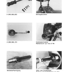 May include: A page from a manual showing various tools and their applications. The images include a wrench, a tool with a handle, a torque wrench, and a tool being used to press a part into a wheel assembly. Text includes "Spezialwerkzeug" and "Anwendung".