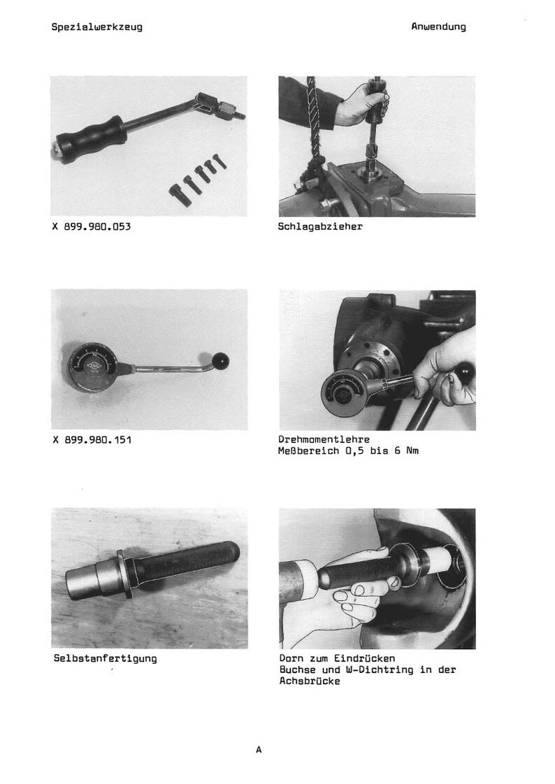 May include: A page from a manual showing various tools and their applications. The images include a wrench, a tool with a handle, a torque wrench, and a tool being used to press a part into a wheel assembly. Text includes "Spezialwerkzeug" and "Anwendung".