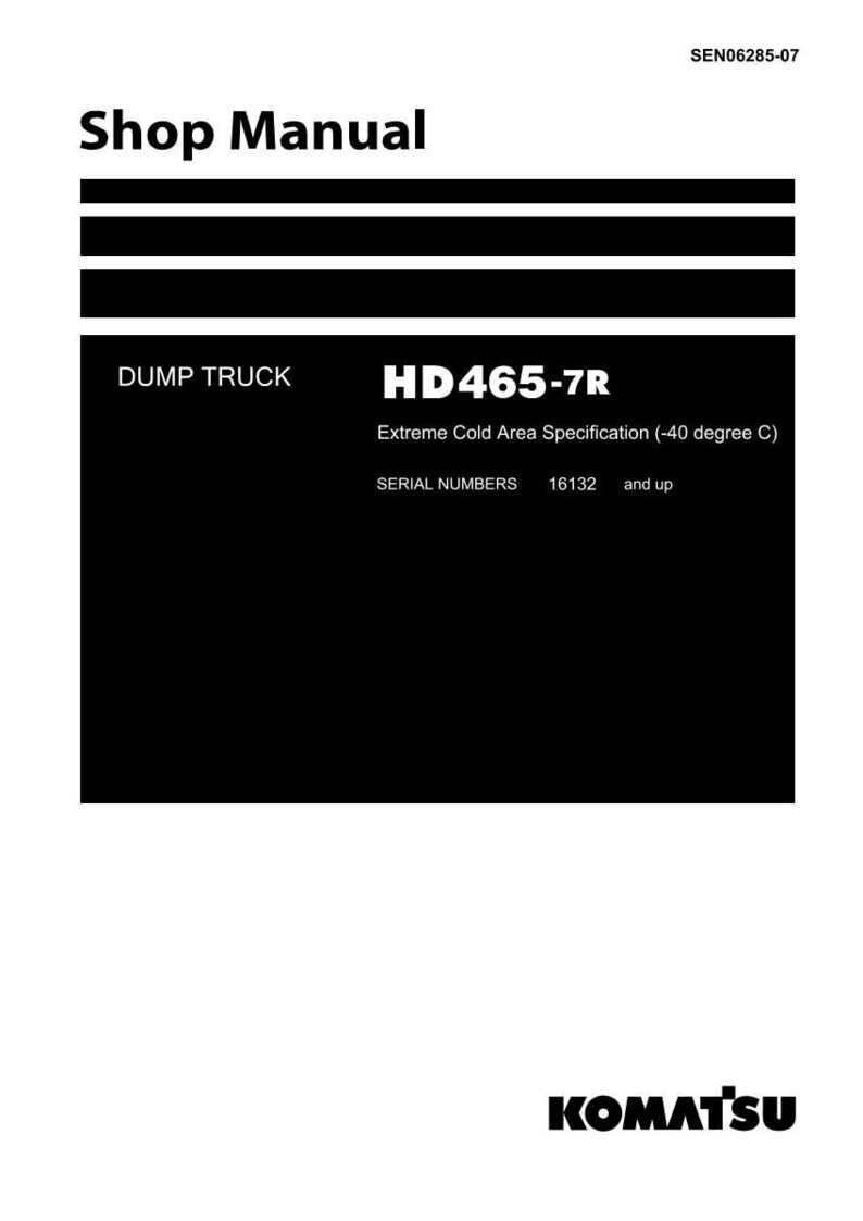 Puede incluir: Manual de taller con el texto "Shop Manual" en la parte superior. El documento incluye el texto "DUMP TRUCK HD465-7R Extreme Cold Area Specification (-40 degree C) SERIAL NUMBERS 16132 and up". El logotipo de Komatsu est&aacute; en la parte inferior.