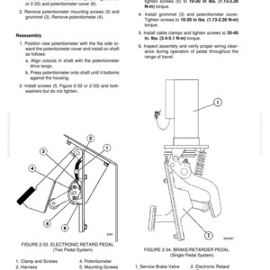 May include: Diagrams of electronic retard pedals and brake/retarder pedals, with labels for components like clamps, screws, harnesses, and potentiometers. Includes torque specifications in inch-pounds and Newton-meters for assembly.