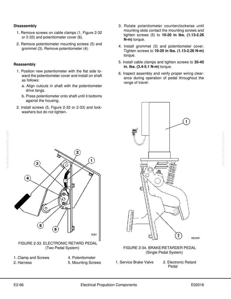 May include: Diagrams of electronic retard pedals and brake/retarder pedals, with labels for components like clamps, screws, harnesses, and potentiometers. Includes torque specifications in inch-pounds and Newton-meters for assembly.