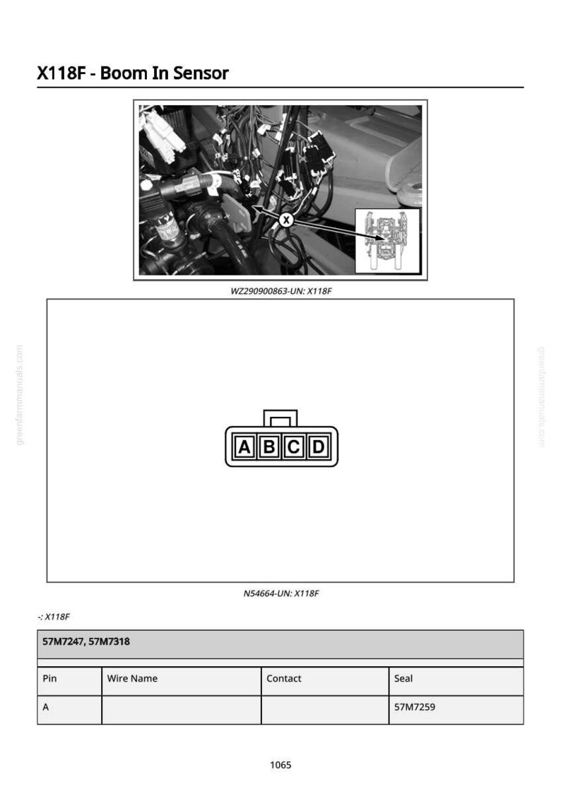 Peut inclure: Sch&eacute;ma du capteur X118F Boom In, avec un gros plan des composants internes du capteur. Le sch&eacute;ma comprend un connecteur &eacute;tiquet&eacute; A, B, C et D, et un tableau avec des informations sur les broches et les fils.