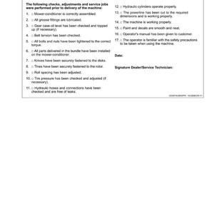 May include: A document titled "Predelivery Inspection" lists checks and adjustments performed on a machine. The text includes numbered items such as "Mower-conditioner is correctly assembled" and "Hydraulic cylinders operate properly."