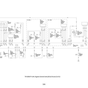 Op de afbeelding: Een gedetailleerd schema van een motorregeleenheid (ECU)-circuit, gelabeld als TX1205571-UN. Het diagram bevat talrijke componenten, waaronder sensoren, relais en elektronische injectoren, die met elkaar verbonden zijn door lijnen en symbolen. De tekst "Engine Control Unit (ECU) Circuit (2 of 2)" is zichtbaar.