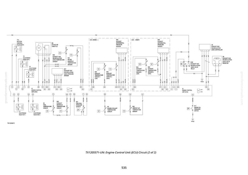 Op de afbeelding: Een gedetailleerd schema van een motorregeleenheid (ECU)-circuit, gelabeld als TX1205571-UN. Het diagram bevat talrijke componenten, waaronder sensoren, relais en elektronische injectoren, die met elkaar verbonden zijn door lijnen en symbolen. De tekst "Engine Control Unit (ECU) Circuit (2 of 2)" is zichtbaar.