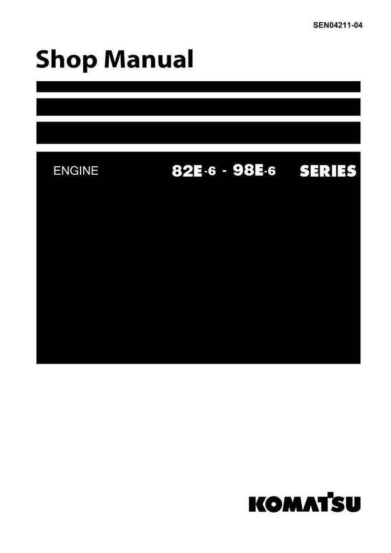 May include: A white and black shop manual with the text "Shop Manual" at the top. The manual includes the text "ENGINE", "82E-6 - 98E-6", and "SERIES". The Komatsu logo is at the bottom.