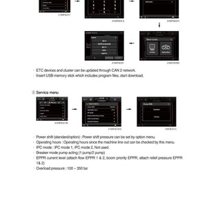 May include: Diagram illustrating the update process for a vehicle's electronic systems, including cluster and ETC devices. Displays a sequence of screens with options and instructions for USB stick insertion and service menu.