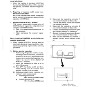 May include: A technical diagram with instructions for turning on a KOMTRAX terminal. The document includes steps for installation, registration, and inspection, with diagrams of connectors and a 7-segment indicator lamp. Text includes "Procedure for turning on KOMTRAX terminal".