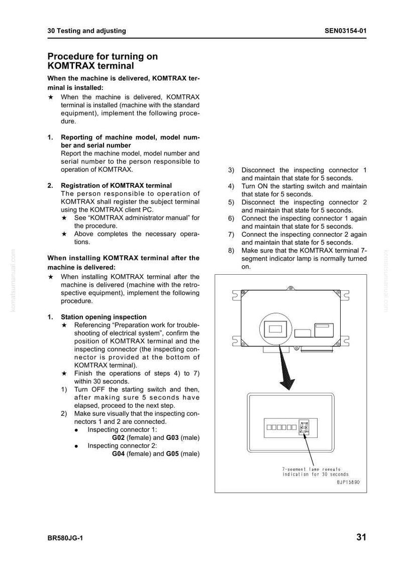 May include: A technical diagram with instructions for turning on a KOMTRAX terminal. The document includes steps for installation, registration, and inspection, with diagrams of connectors and a 7-segment indicator lamp. Text includes "Procedure for turning on KOMTRAX terminal".