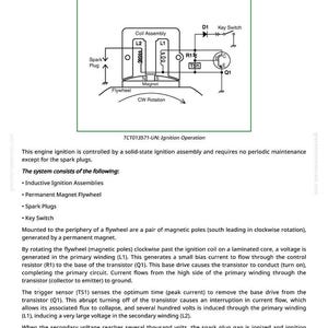 May include: Diagram of an ignition system, labeled "Ignition Operation." The diagram includes a coil assembly, flywheel, spark plug, and key switch. Text includes "TCT013571-UN: Ignition Operation" and a description of the system's components and function.