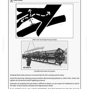 May include: Image from a manual titled "Remove/Install Reel Lift Cylinders." It includes a warning graphic and a diagram of a person working on machinery. Text warns of high-pressure fluids and potential injury.