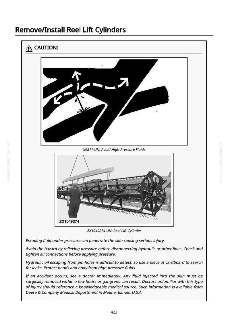 May include: Image from a manual titled "Remove/Install Reel Lift Cylinders." It includes a warning graphic and a diagram of a person working on machinery. Text warns of high-pressure fluids and potential injury.