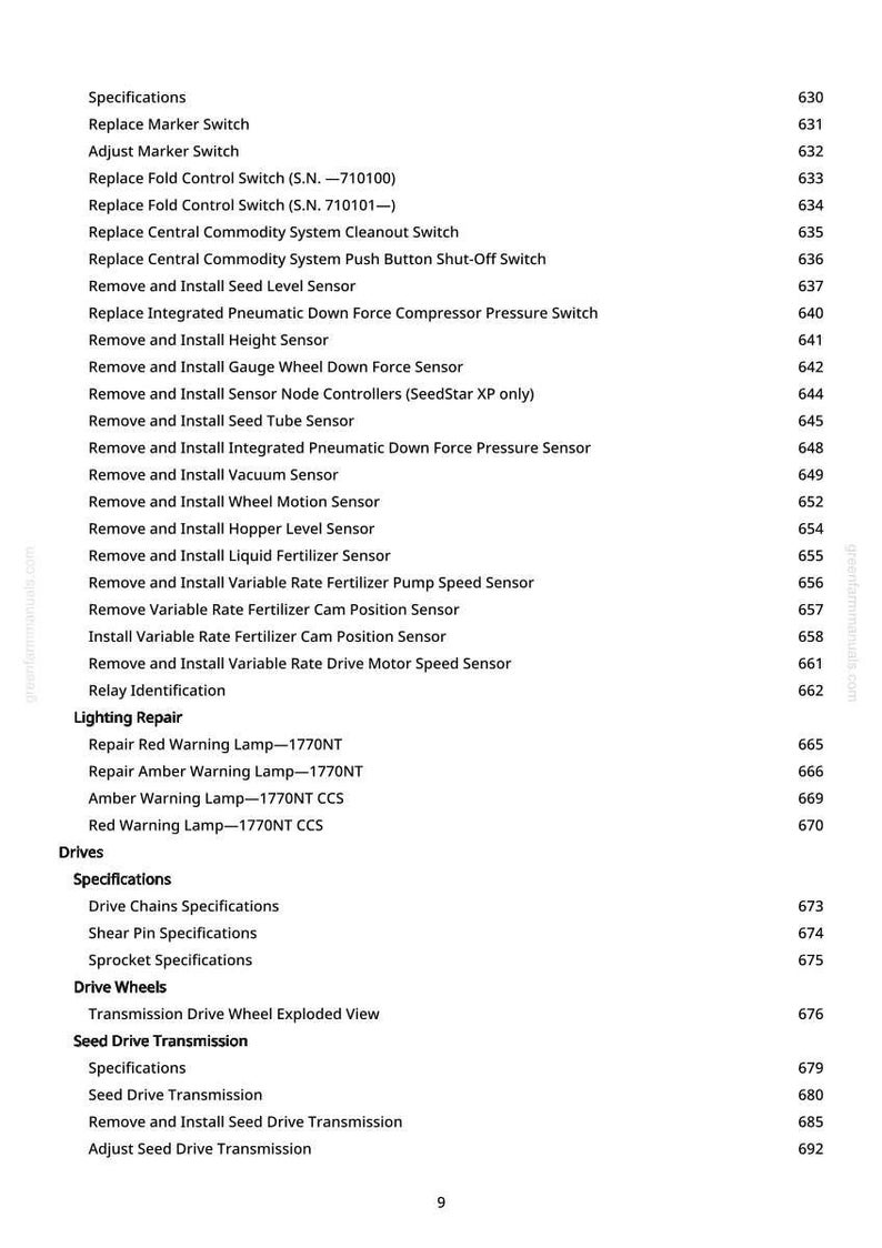 May include: A page from a manual with a list of specifications and repair instructions. The text includes terms like "Replace Marker Switch," "Seed Level Sensor," and "Warning Lamp." The page number is 9.