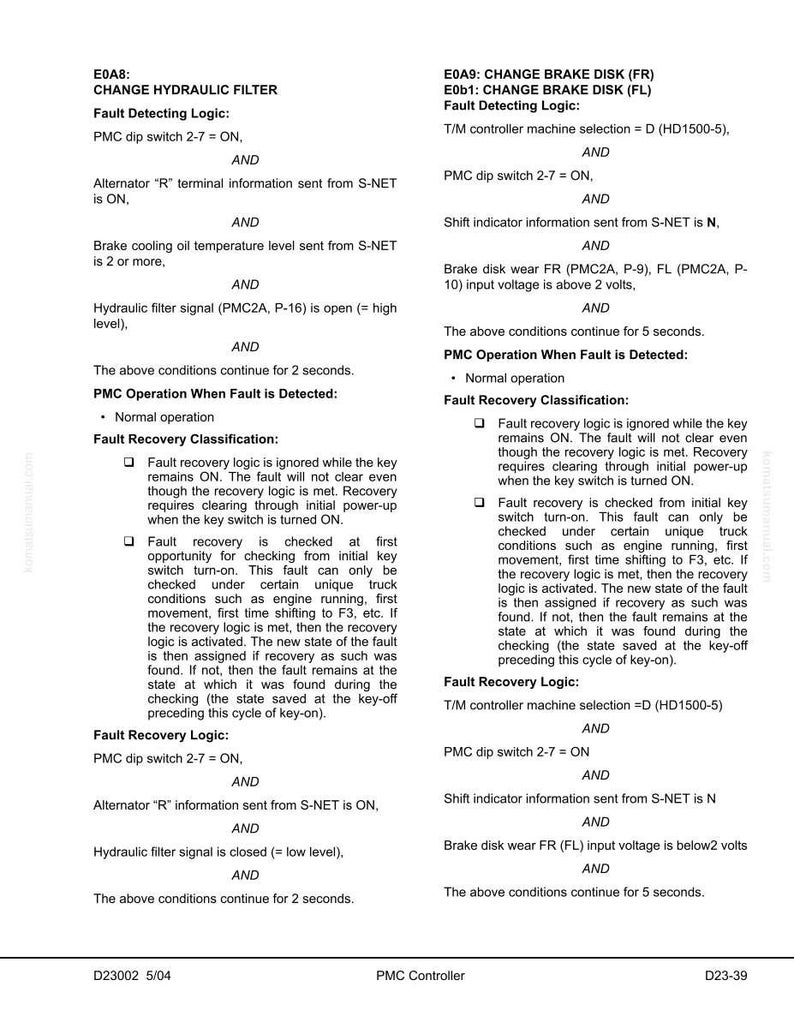 May include: A technical document with diagnostic information for a vehicle's hydraulic filter and brake disk. The text includes fault detecting logic, recovery classification, and operational details. The document is black and white.