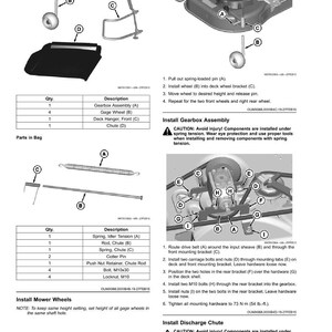 Pode incluir: Diagrama de montagem do cortador de relva, com pe&ccedil;as como rodas, suportes e uma calha. O texto detalha as etapas de instala&ccedil;&atilde;o da caixa de velocidades, das rodas e da calha. Avisos de seguran&ccedil;a est&atilde;o inclu&iacute;dos.