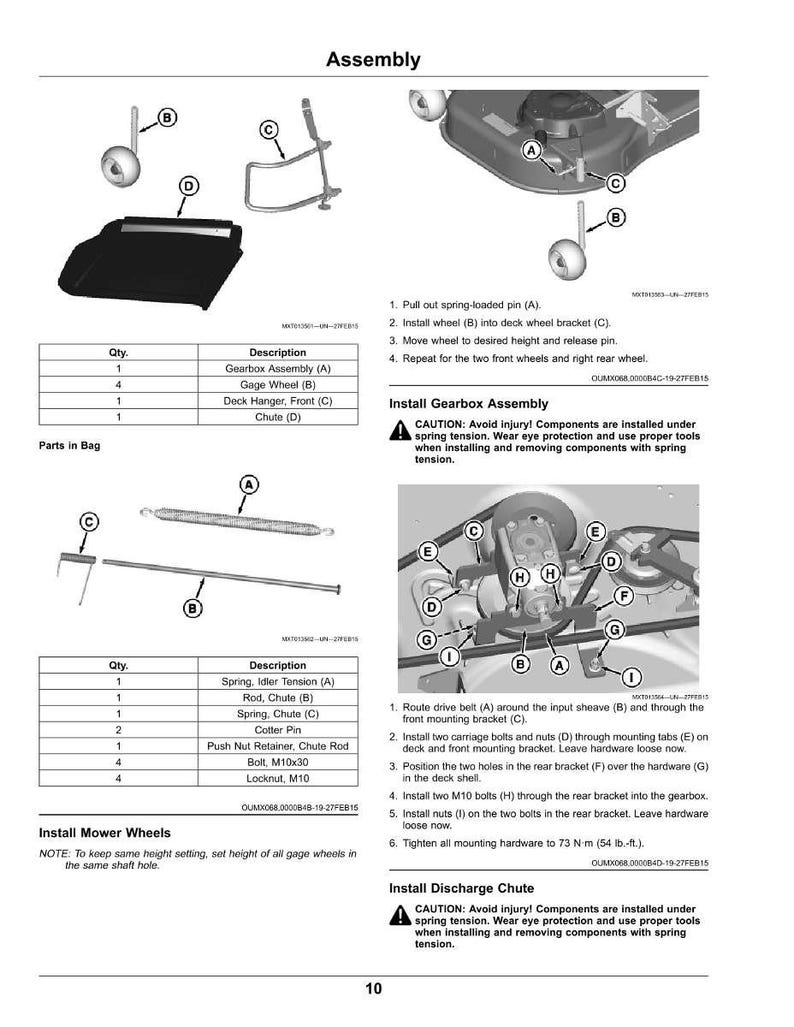 Pode incluir: Diagrama de montagem do cortador de relva, com pe&ccedil;as como rodas, suportes e uma calha. O texto detalha as etapas de instala&ccedil;&atilde;o da caixa de velocidades, das rodas e da calha. Avisos de seguran&ccedil;a est&atilde;o inclu&iacute;dos.