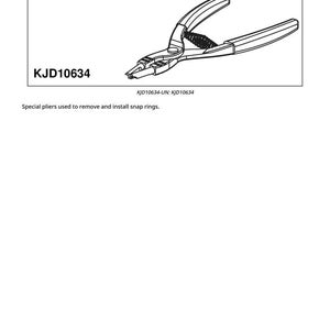May include: Black and white illustration of KJD10634 pliers. The pliers are designed to remove and install snap rings. The text "KJD10634 - Pliers" and "KJD10634" are displayed above and below the image. The text "KJD10634-UN: KJD10634" is also displayed.