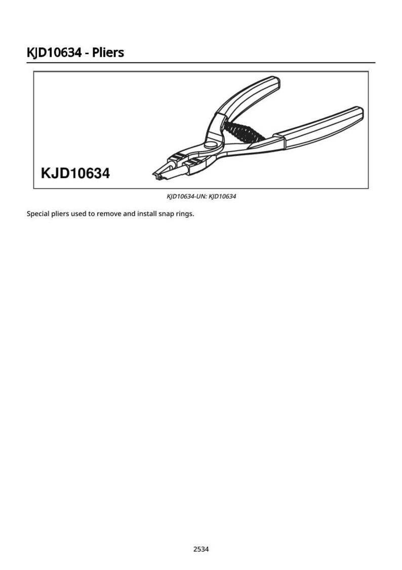 May include: Black and white illustration of KJD10634 pliers. The pliers are designed to remove and install snap rings. The text "KJD10634 - Pliers" and "KJD10634" are displayed above and below the image. The text "KJD10634-UN: KJD10634" is also displayed.
