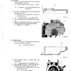 May include: Diagram from a manual showing the disassembly and assembly of engine components. Includes illustrations of the front cover, flywheel housing, and related parts with measurements in millimeters. Text details procedures and specifications.