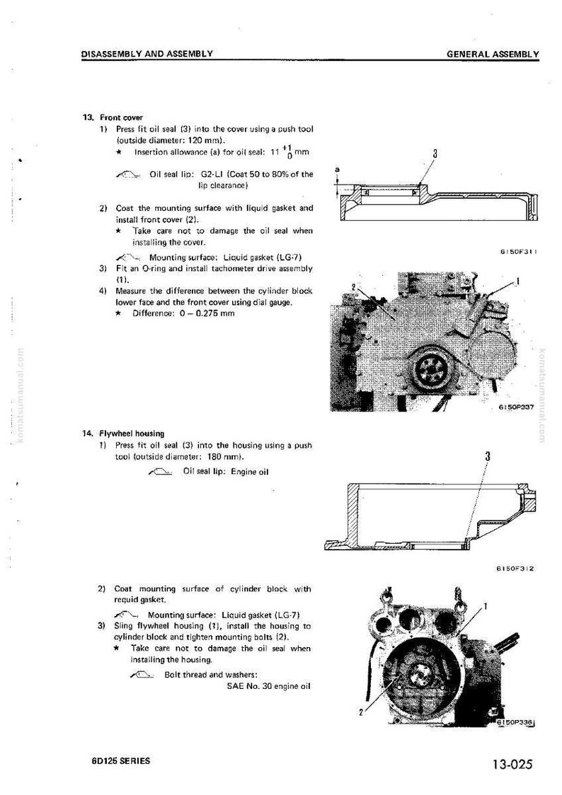 May include: Diagram from a manual showing the disassembly and assembly of engine components. Includes illustrations of the front cover, flywheel housing, and related parts with measurements in millimeters. Text details procedures and specifications.