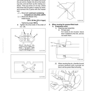 May include: Technical diagram from a Komatsu manual detailing undercarriage and frame assembly. Includes illustrations of connecting track shoe components, tightening bolts, and reusing grease-filled track parts. Features text and diagrams for clarity.