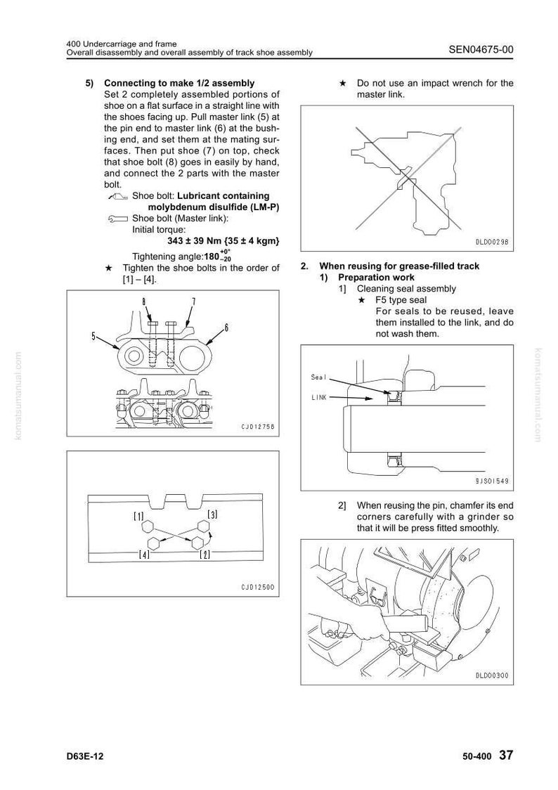 May include: Technical diagram from a Komatsu manual detailing undercarriage and frame assembly. Includes illustrations of connecting track shoe components, tightening bolts, and reusing grease-filled track parts. Features text and diagrams for clarity.