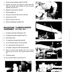 Puede incluir: Diagrama de montaje y desmontaje de un turbocompresor EC170Z, ZS-1. La imagen muestra instrucciones detalladas con pasos numerados y vistas de cerca de componentes como tubos, tuber&iacute;as y juntas.