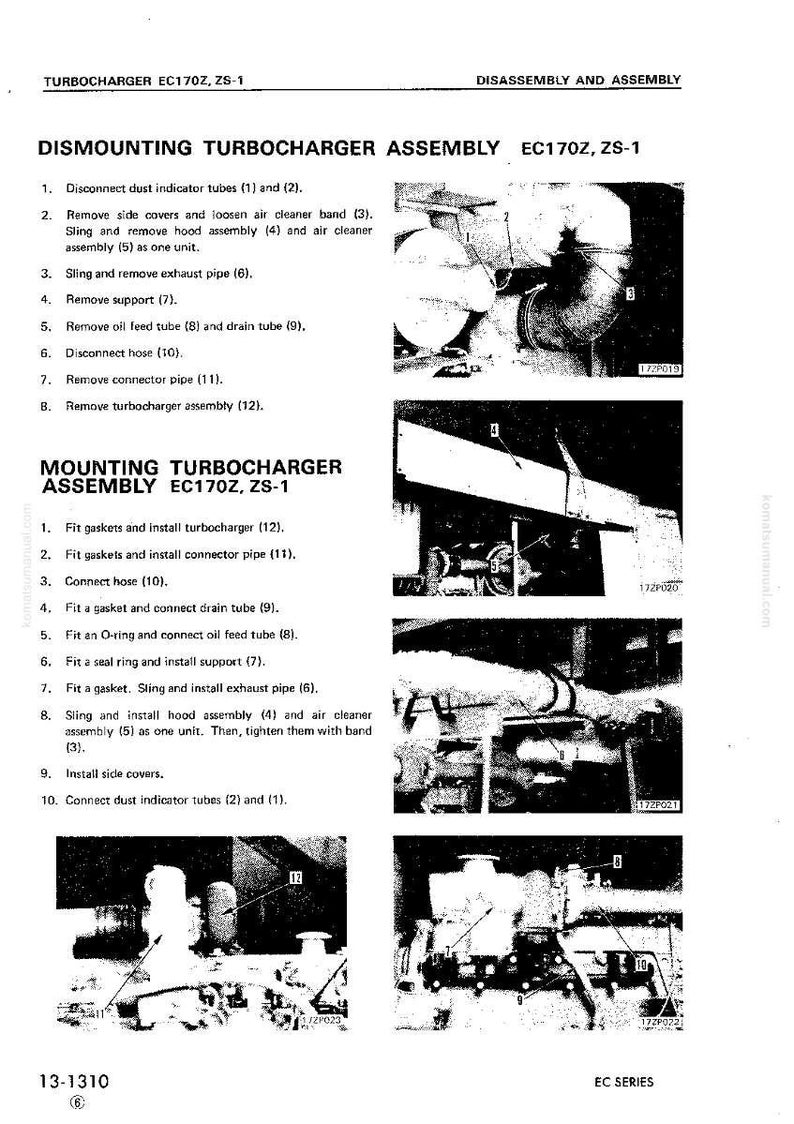 Puede incluir: Diagrama de montaje y desmontaje de un turbocompresor EC170Z, ZS-1. La imagen muestra instrucciones detalladas con pasos numerados y vistas de cerca de componentes como tubos, tuber&iacute;as y juntas.