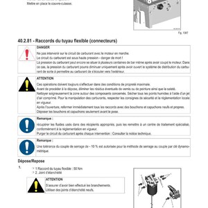 Puede incluir: Diagrama t&eacute;cnico con instrucciones para el mantenimiento del sistema de combustible. Incluye advertencias sobre circuitos de combustible de alta presi&oacute;n y precauciones de seguridad. Presenta diagramas de conectores y mangueras flexibles, con especificaciones de par en Newton metros.