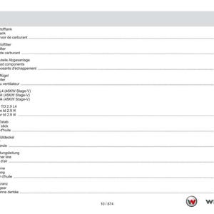 May include: A detailed table of contents in English, German, and French, listing various engine components. The document includes sections on fuel tanks, filters, exhaust components, and engine specifications. The Weidemann logo is visible at the bottom.