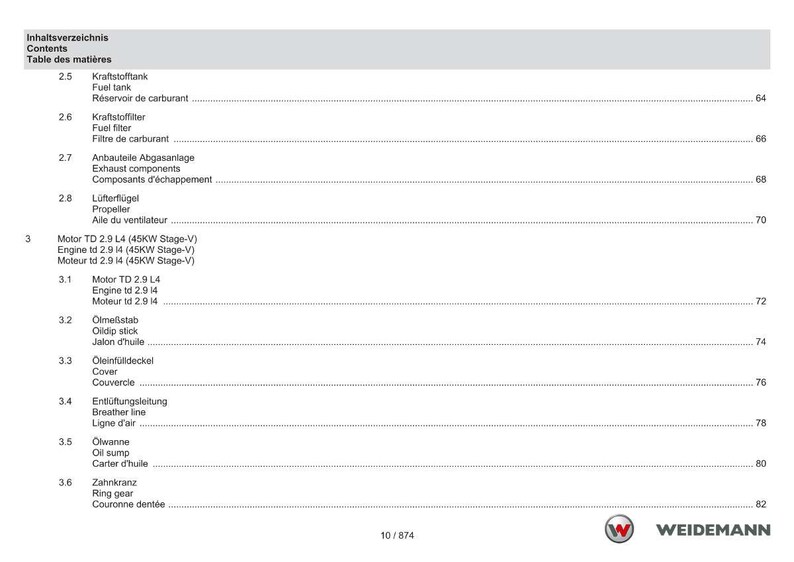 May include: A detailed table of contents in English, German, and French, listing various engine components. The document includes sections on fuel tanks, filters, exhaust components, and engine specifications. The Weidemann logo is visible at the bottom.