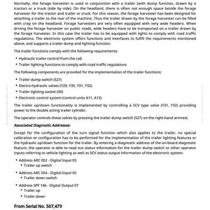 May include: Document titled "Reference 241-10AB-010, Operational Information of Trailer Functions." The text describes the functions of a forage harvester trailer, including hydraulic control, lighting, and diagnostic addresses.